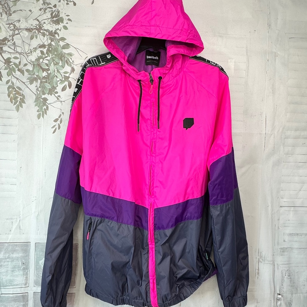 Twitch Retro Windbreaker Gaming WMS Pink Purple Zip Up LS Hooded Jacket X Large